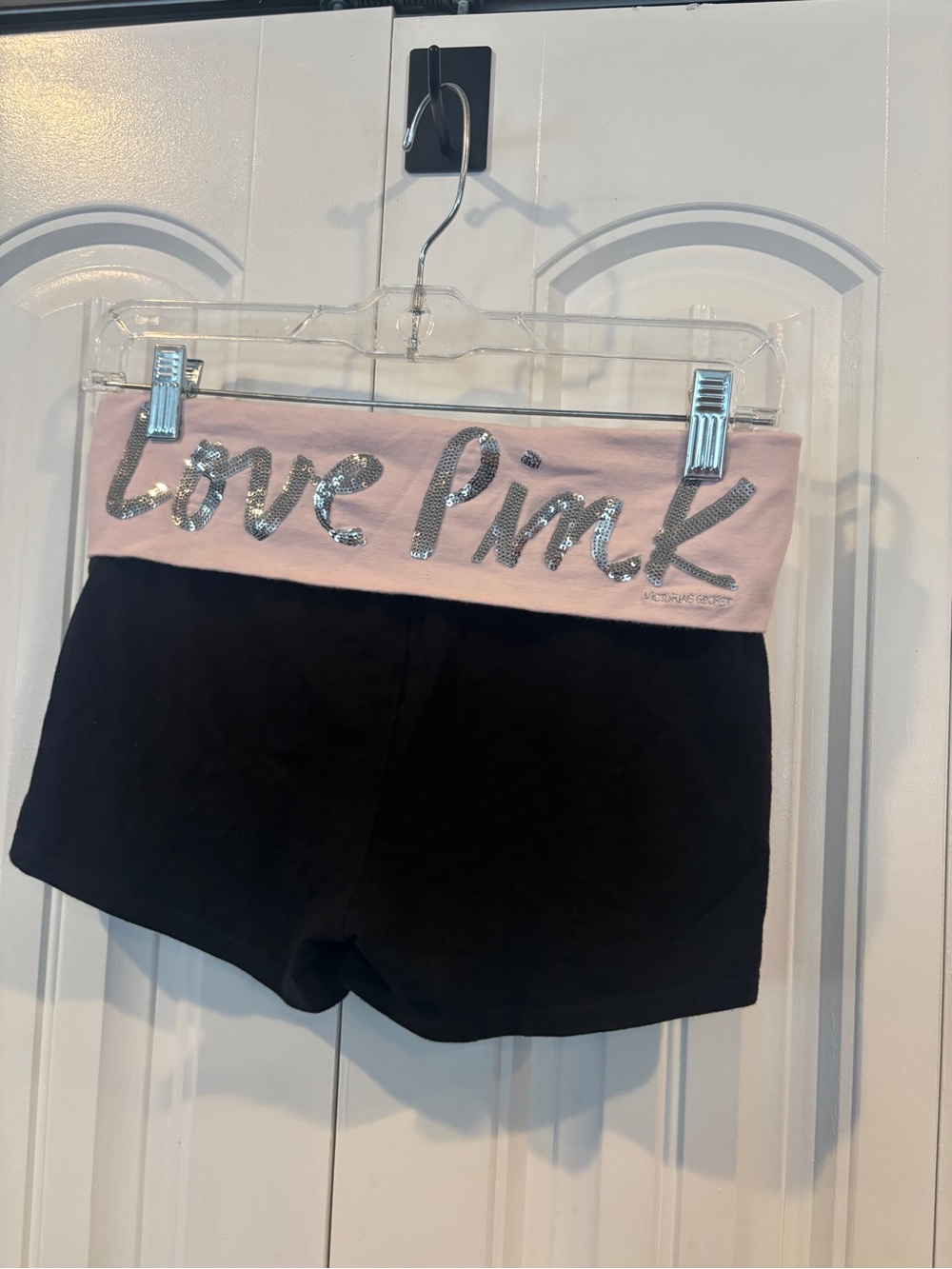 Pink yoga black and pink sequin love pink shorts size small